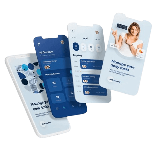 Mobile app development mockup showing Android and iOS applications by Vexoweb